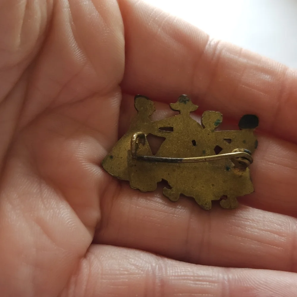 Vintage Holland Dutch Girls Folk Dancing Handmade Pin Brooch Enamel